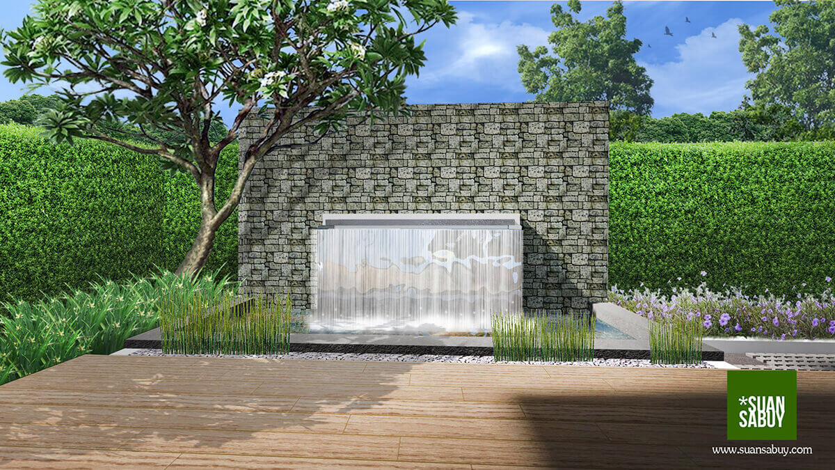 ศาลา-บ่อน้ำ-ผนังน้ำตก-ออกแบบสวนสวยโดยสวนสบาย